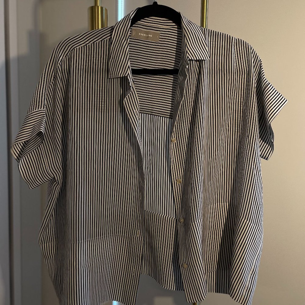 Everlane Black and White Striped Silk Womens Short Sleeve Button Down Shirt Sz 2